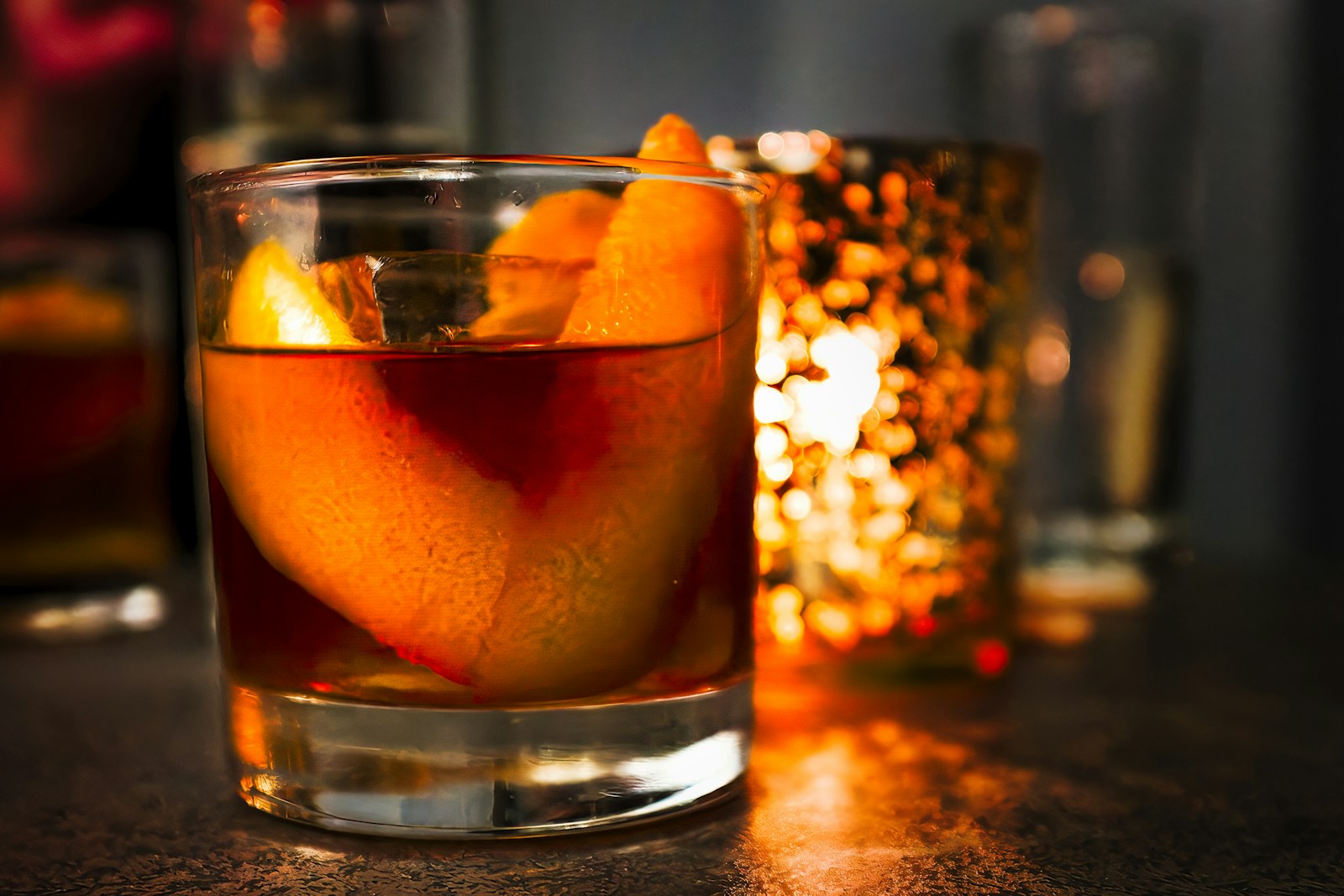 Old Fashioned whiskey cocktail with orange peel at Bucks Cabaret Fort Worth